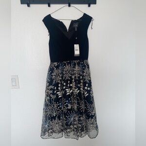 Elegant Black White Blue Sheer Lace Floral Dress size S cocktail evening